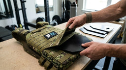 Close up of steel weighted vest plates being fitted into a weighted vest