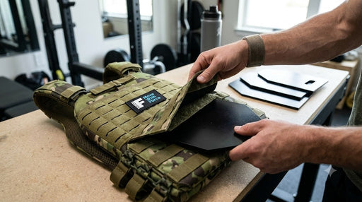 Close up of steel weighted vest plates being fitted into a weighted vest