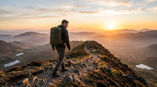 Rucker walking along a UK mountain ridge at sunrise wearing a weighted rucking backpack