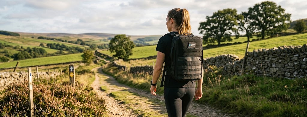 Woman walking a countryside trail wearing a Force Fitness weighted rucking backpack